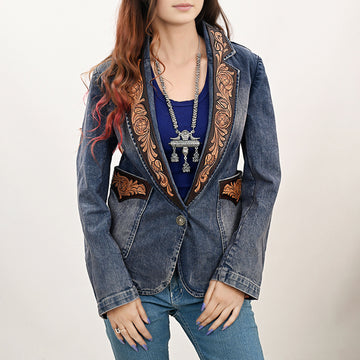 ADBZ045 Genuine leather Hand tooled hand carved Women 100% cotton Denim Blazer dress jacket ladies Girl